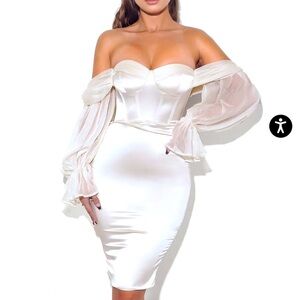 Miss Circle | Lydia Pearl White Satin Off Shoulder Puff Sleeve Dress